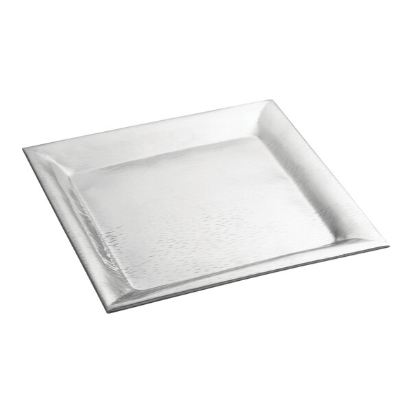 A Tablecraft stainless steel square tray.