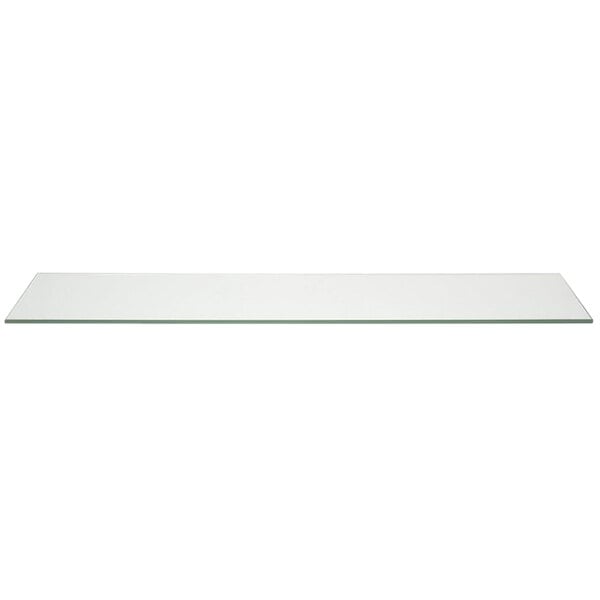A clear rectangular glass shelf on a white background.