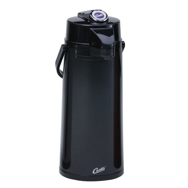 A black Curtis stainless steel airpot with a lever lid.