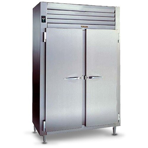 A Traulsen stainless steel reach-in refrigerator with two doors open.