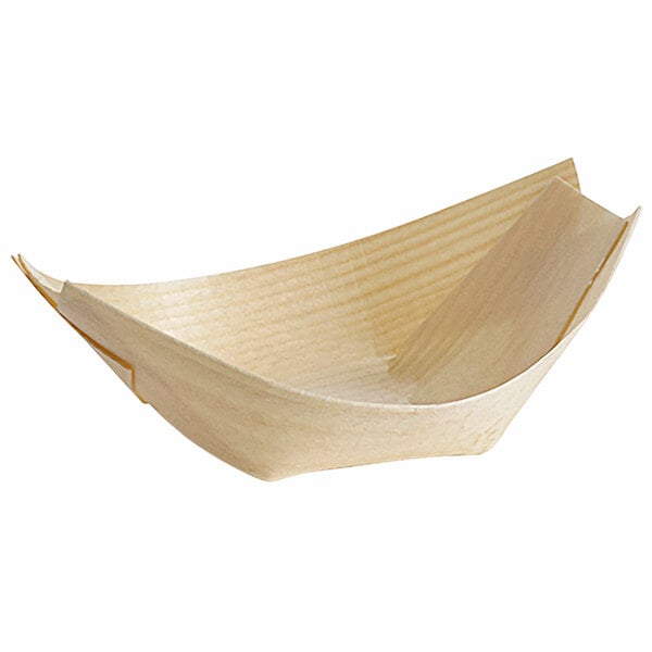 A Tablecraft disposable wooden boat-shaped bowl.