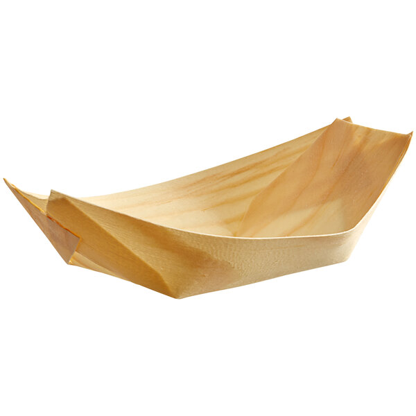 A Tablecraft disposable wood boat shaped like a boat.
