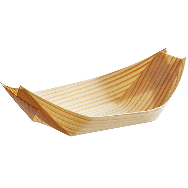 A Tablecraft disposable wooden boat on a white background.