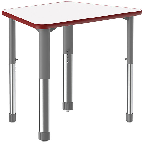 A white trapezoid table with a whiteboard top and metal legs with a red band.
