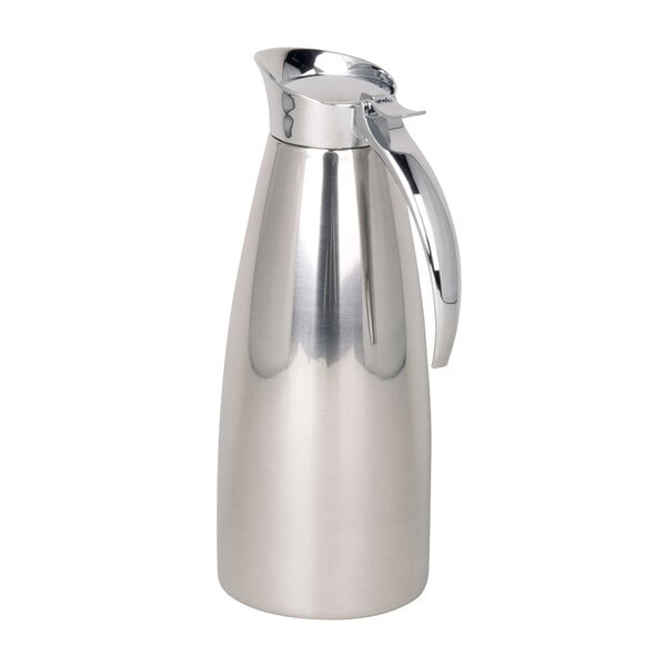 A Bunn stainless steel coffee pitcher with a handle.