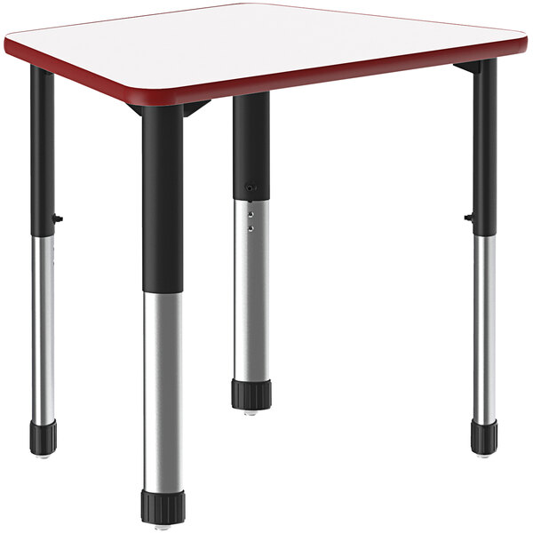 A white trapezoid table with a white dry-erase top and black legs with a red band.
