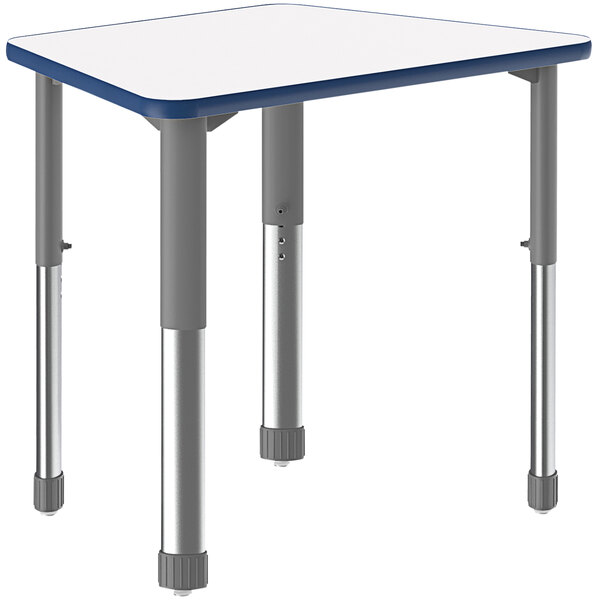 A white trapezoid table with gray metal legs and a blue band.
