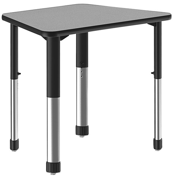 A trapezoid-shaped Correll gray granite table with black legs.