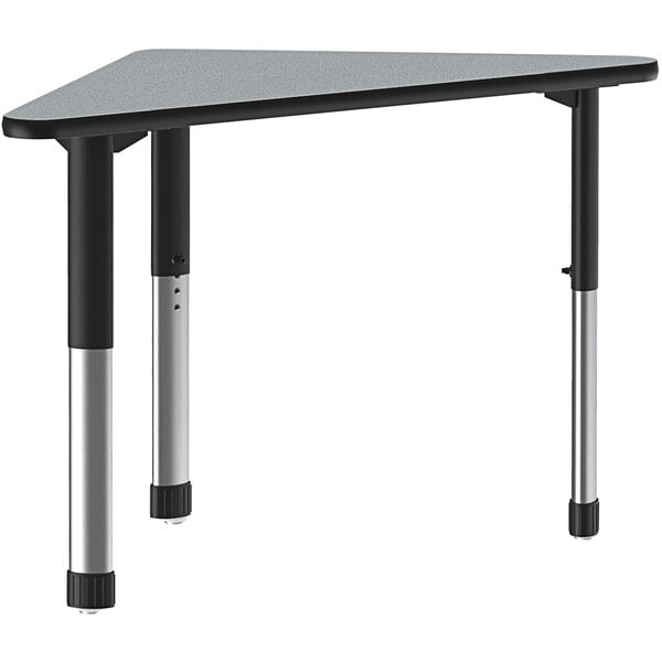 A grey and black triangular table with black legs.
