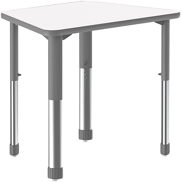 A white trapezoid table with gray legs.