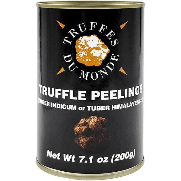A black can of Urbani truffle peelings with white and black labeling.