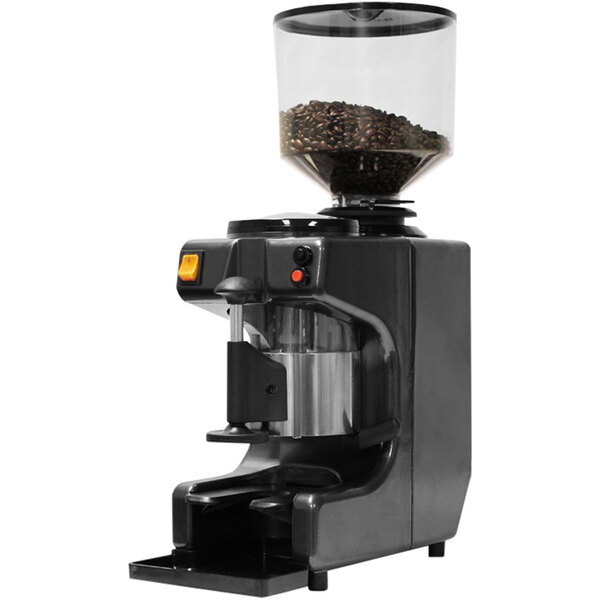 An Astra black and silver automatic coffee grinder with a clear container full of coffee beans.