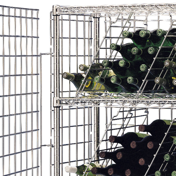 A close-up of a Metro wine rack with wine bottles on it.