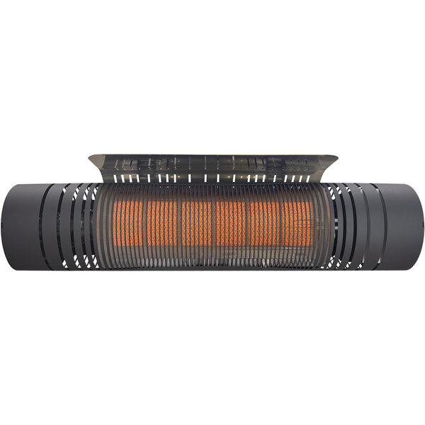 A close up of a black HeatStar Architect Collection radiant patio heater with orange lights.