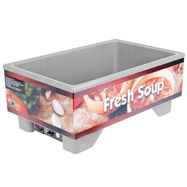 A Vollrath countertop soup merchandiser base with a picture of food on it.
