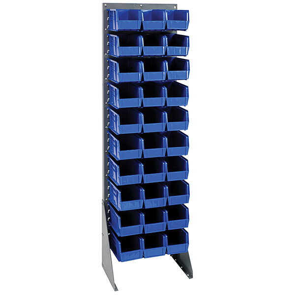 A Quantum grey steel louvered rack with blue bins on a shelf.