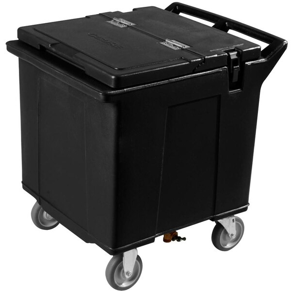 A black plastic Carlisle Cateraide mobile ice bin with wheels.