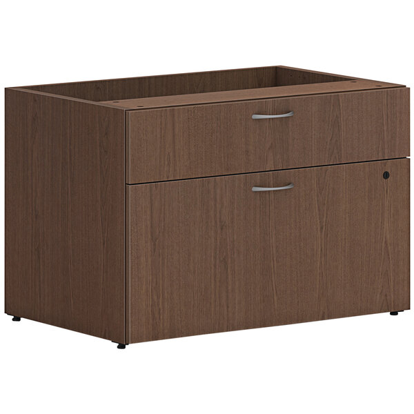 A brown HON personal credenza with 2 drawers.
