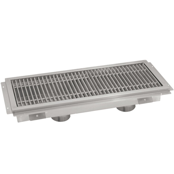 An Advance Tabco stainless steel floor trough with a stainless steel drain grate.
