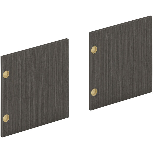 Two black laminate panels with teak wood squares.