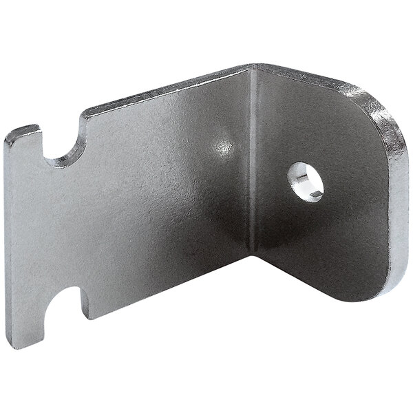 A metal corner bracket with holes.