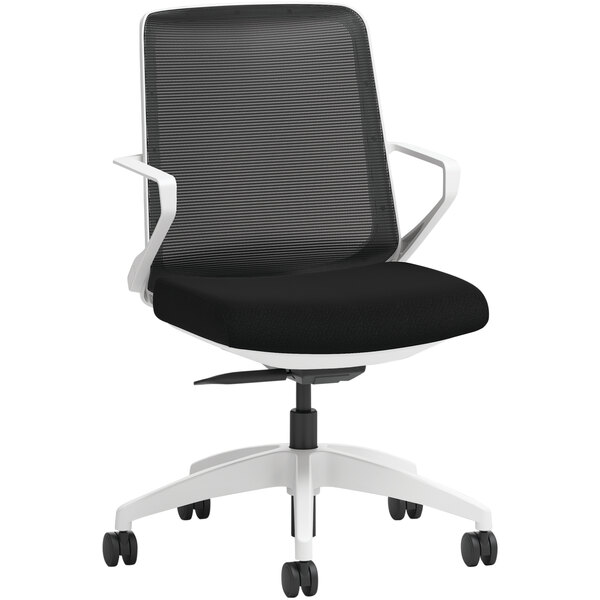 A black and white HON Cliq office chair with fixed arms.