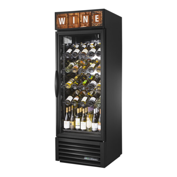 A black refrigerator full of wine bottles on shelves.
