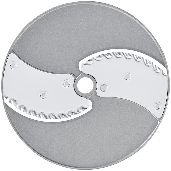 A Robot Coupe 1/8" Ripple Cut Disc, a circular metal object with a circular blade on it.