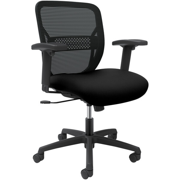 A black HON office chair with mesh back and arms.