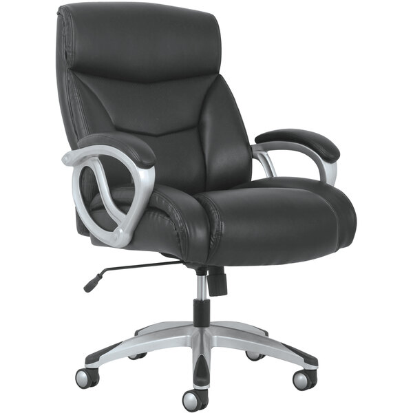 A HON Sadie black office chair with silver arms and wheels.