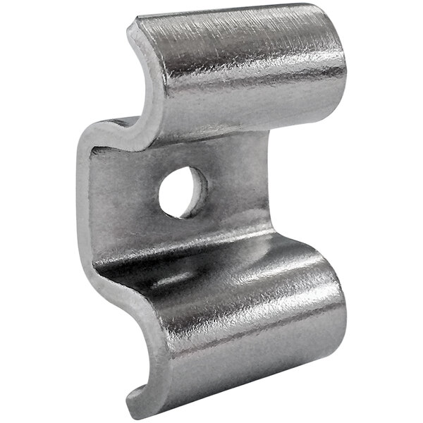 A stainless steel wall mount clip for wire panels with a hole in it.