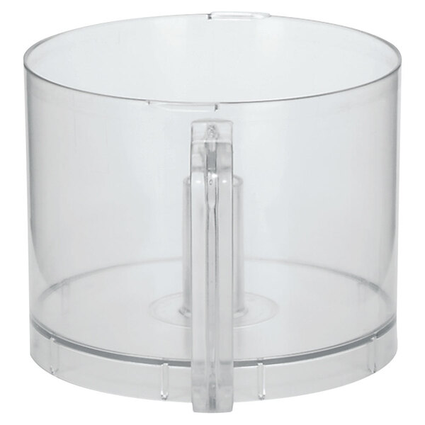 A clear plastic Waring batch bowl with a handle.