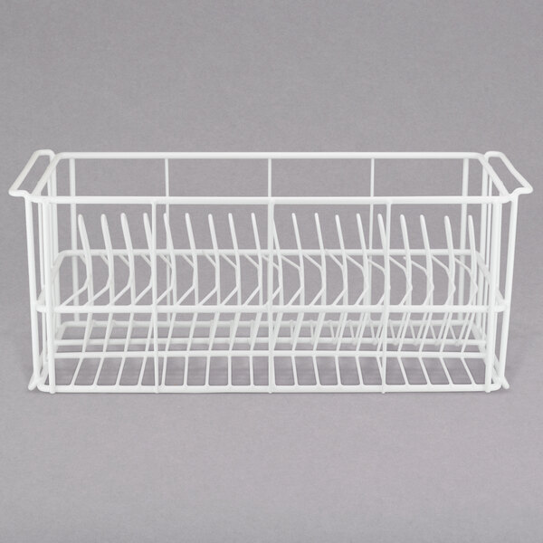A white wire dish rack with a handle.