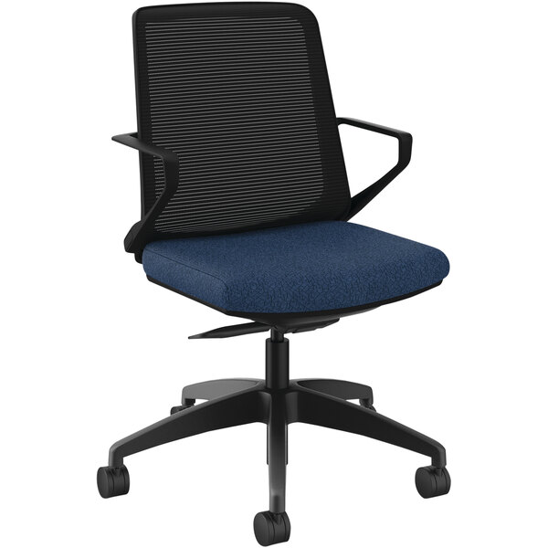 A black and navy HON office chair with black wheels.