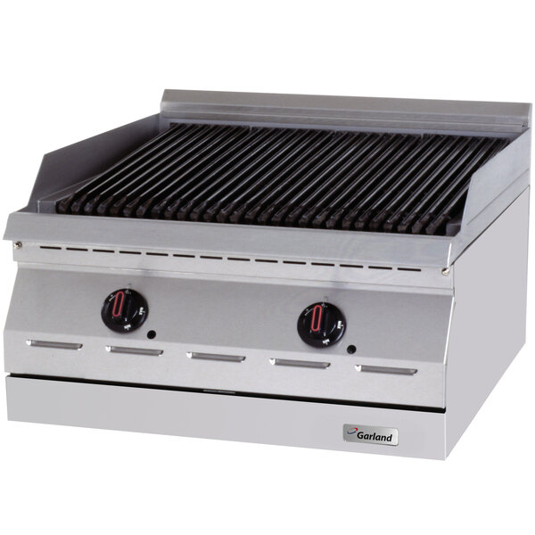 A close-up of the Garland stainless steel radiant charbroiler with two burners.