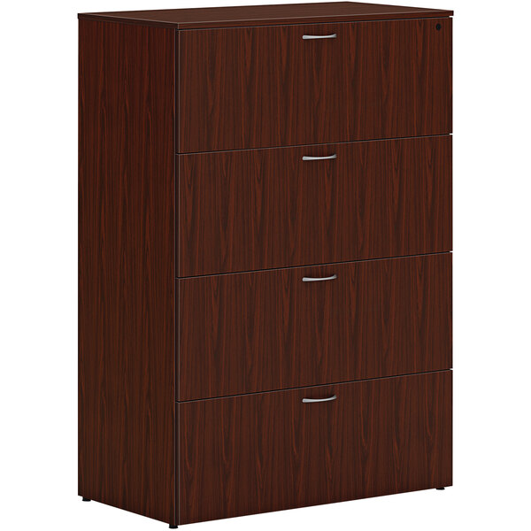A traditional mahogany wooden lateral file cabinet with 4 drawers and silver handles.