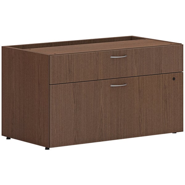 A sepia walnut HON low personal credenza cabinet with 2 drawers.