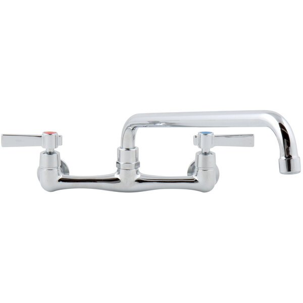 A chrome Advance Tabco wall mount faucet with lever handles.