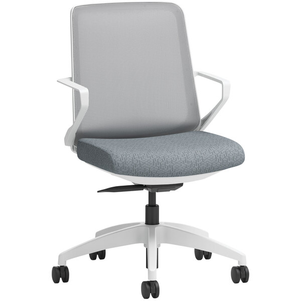 A white office chair with grey fabric and a white base.
