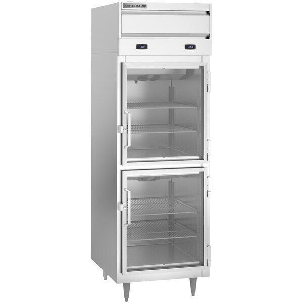 A Beverage-Air stainless steel dual temperature reach-in with half glass doors.