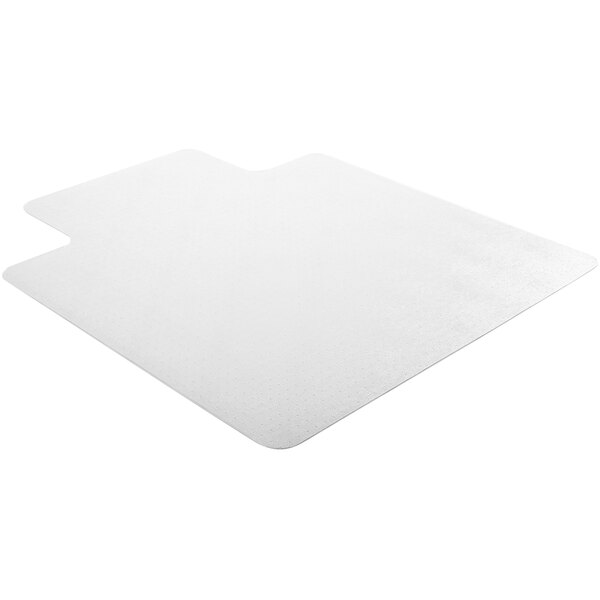A clear vinyl Deflecto chair mat with a lipped edge.