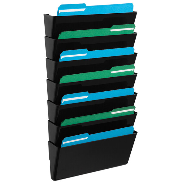 A black Deflecto wall mount file holder with blue and black file folders inside.