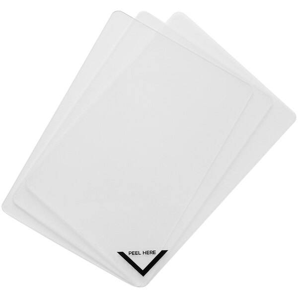 A stack of three white Deflecto acrylic cards.