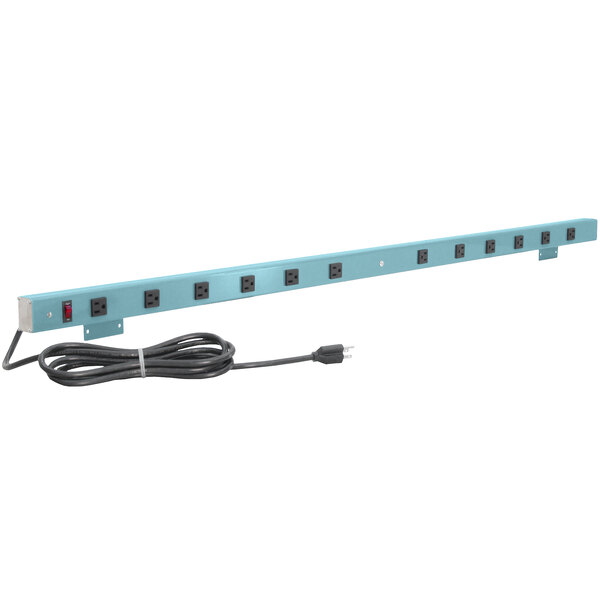 A blue rectangular BenchPro power strip with multiple black outlets.