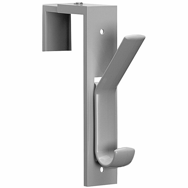 A Deflecto gray plastic partition hook with a handle and screw.