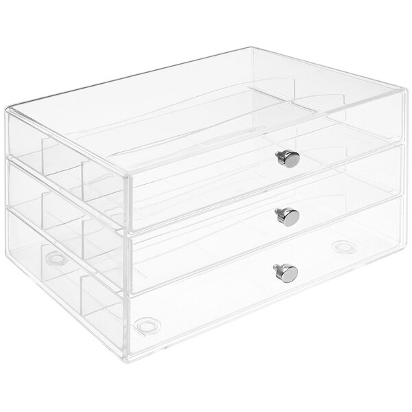 A clear plastic Deflecto 3-drawer organizer.
