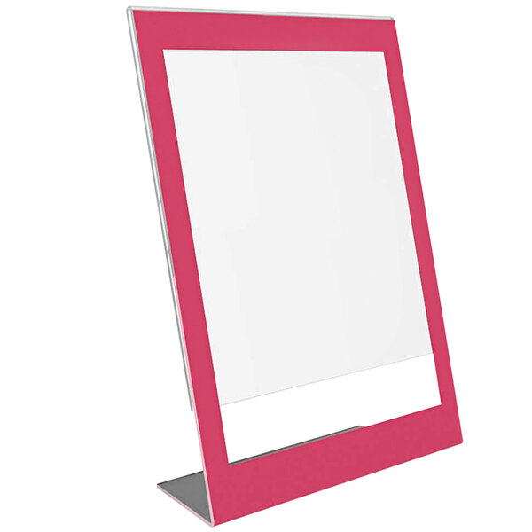 A Deflecto pink sign holder with a white background.