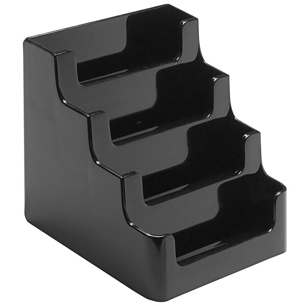 A black plastic Deflecto business card holder with four tiers.