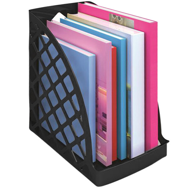 A black Deflecto jumbo magazine file holder with several books in it.