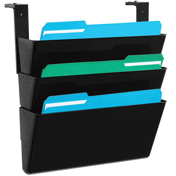 A black Deflecto wall mount with three black folders inside.